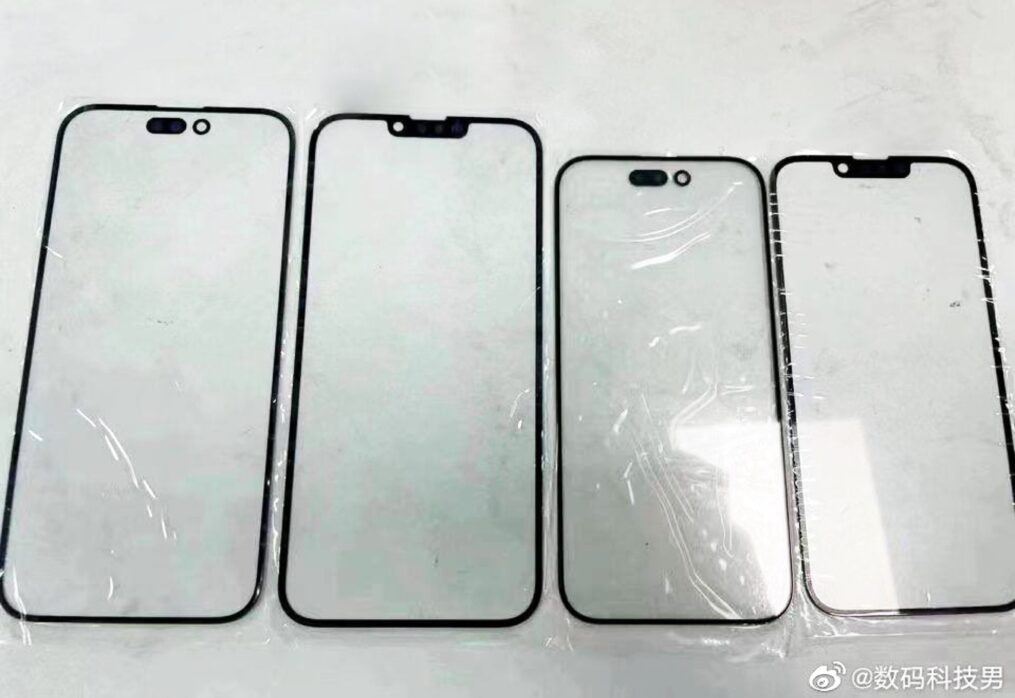 Apple iPhone 14 series front panels leak showing display differences between the iPhone 14, iPhone 14 Max and the notch-less iPhone 14 Pro and iPhone 14 Pro Max